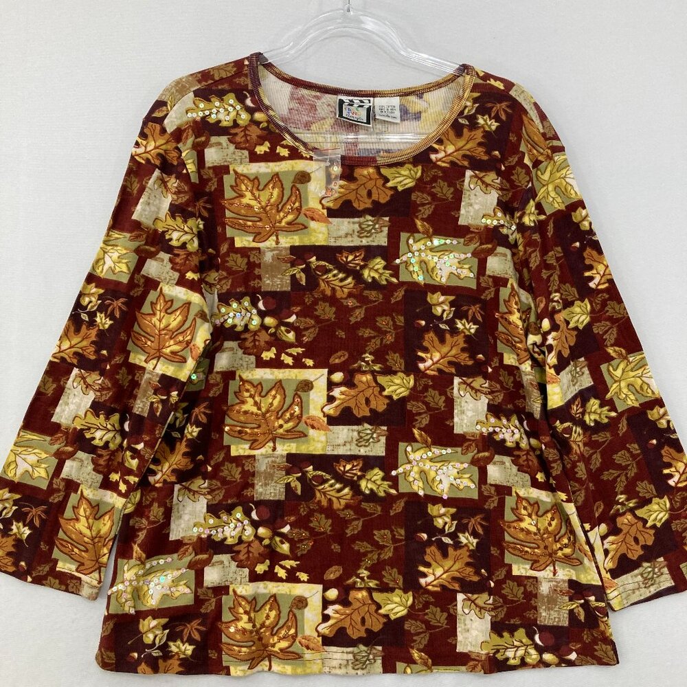 Vintage Take Two Large Brown Leaf Print Novelty Fall Artsy Cotton Stretch Top